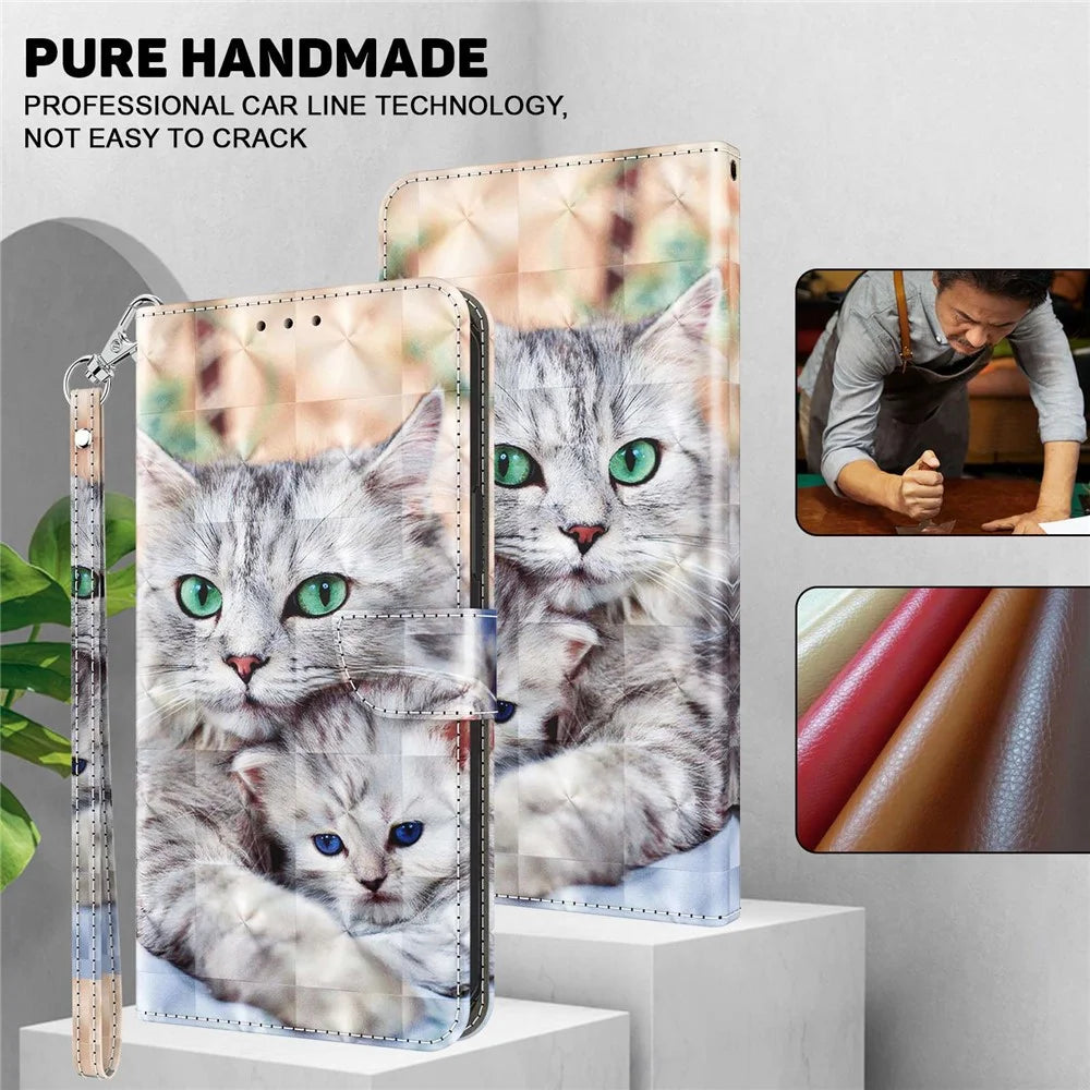 Wallet Phone Case for Samsung Galaxy S21 FE 5G, 3D Creative Pattern Printing PU Leather Stand Feature Flip Cover with Wrist Strap - Two Cats - 4
