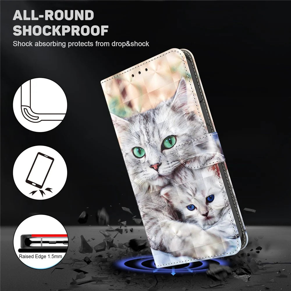 Wallet Phone Case for Samsung Galaxy S21 FE 5G, 3D Creative Pattern Printing PU Leather Stand Feature Flip Cover with Wrist Strap - Two Cats - 5