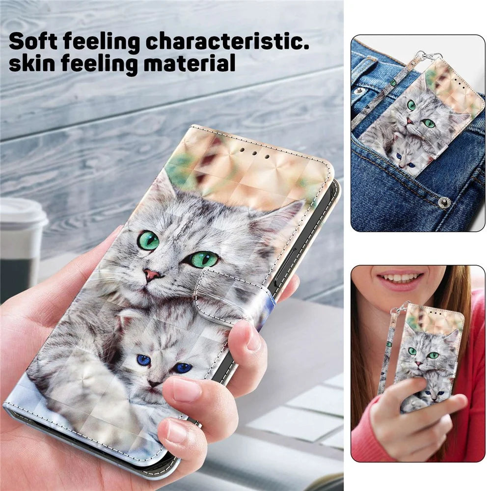 Wallet Phone Case for Samsung Galaxy S21 FE 5G, 3D Creative Pattern Printing PU Leather Stand Feature Flip Cover with Wrist Strap - Two Cats - 6