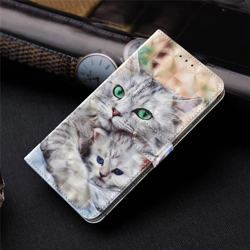 Wallet Phone Case for Samsung Galaxy S21 FE 5G, 3D Creative Pattern Printing PU Leather Stand Feature Flip Cover with Wrist Strap - Two Cats - 7