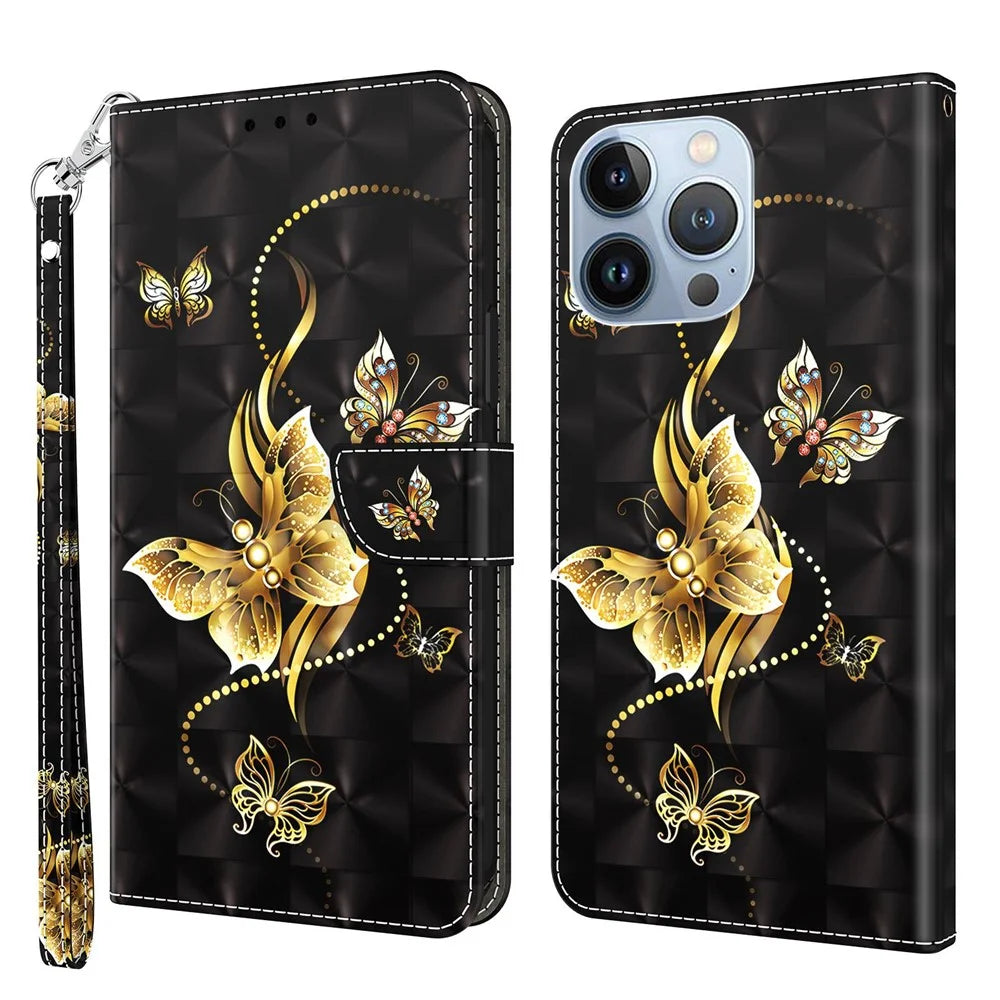 Phone Case For iPhone 14 6.1 inch, Stand Function 3D Pattern Printing PU Leather + TPU Wallet Style Protector with Strap - Golden Butterflies - 1
