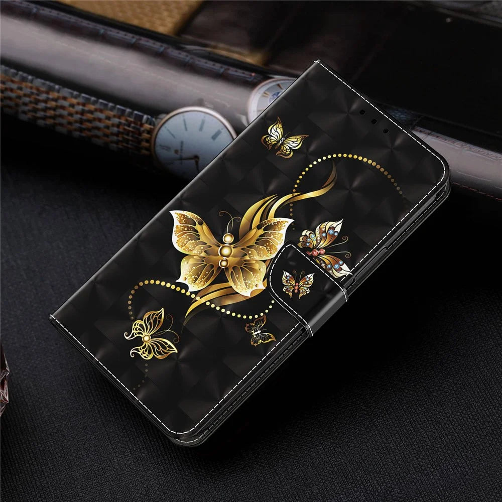 Phone Case For iPhone 14 6.1 inch, Stand Function 3D Pattern Printing PU Leather + TPU Wallet Style Protector with Strap - Golden Butterflies - 7