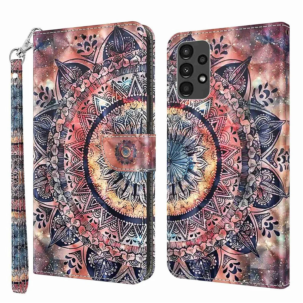 For Samsung Galaxy A13 4G / 5G / A04s 4G (164.7mm) PU Leather Flip Case 3D Pattern Printing Stand Wallet Cover with Strap - Colorful Mandalas - 1