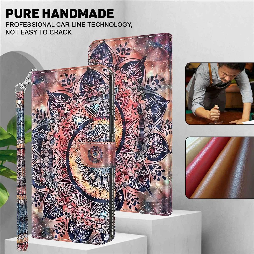 For Samsung Galaxy A13 4G / 5G / A04s 4G (164.7mm) PU Leather Flip Case 3D Pattern Printing Stand Wallet Cover with Strap - Colorful Mandalas - 4