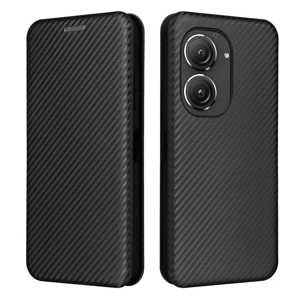 For Asus Zenfone 9 5G PU Leather Carbon Fiber Texture Phone Stand Case Card Slot Design Auto-absorbed Magnetic Protective Cover - Black - 1