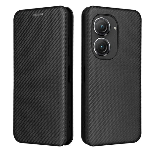 For Asus Zenfone 9 5G PU Leather Carbon Fiber Texture Phone Stand Case Card Slot Design Auto-absorbed Magnetic Protective Cover - Black - 1