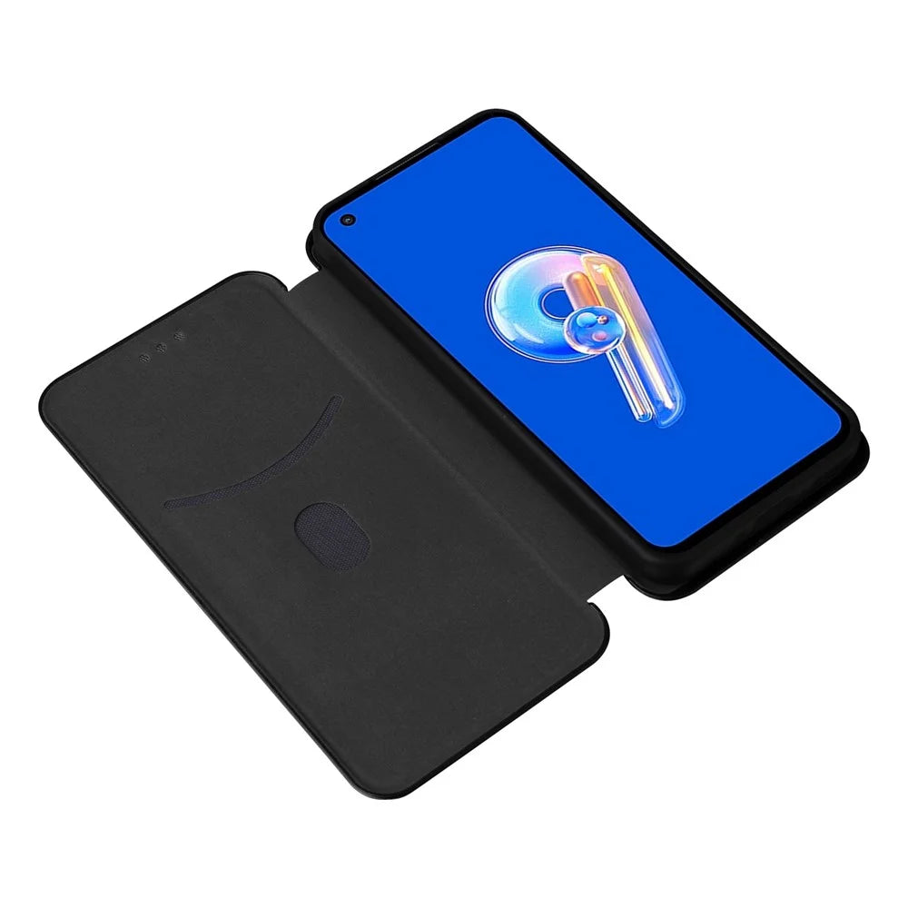 For Asus Zenfone 9 5G PU Leather Carbon Fiber Texture Phone Stand Case Card Slot Design Auto-absorbed Magnetic Protective Cover - Black - 3