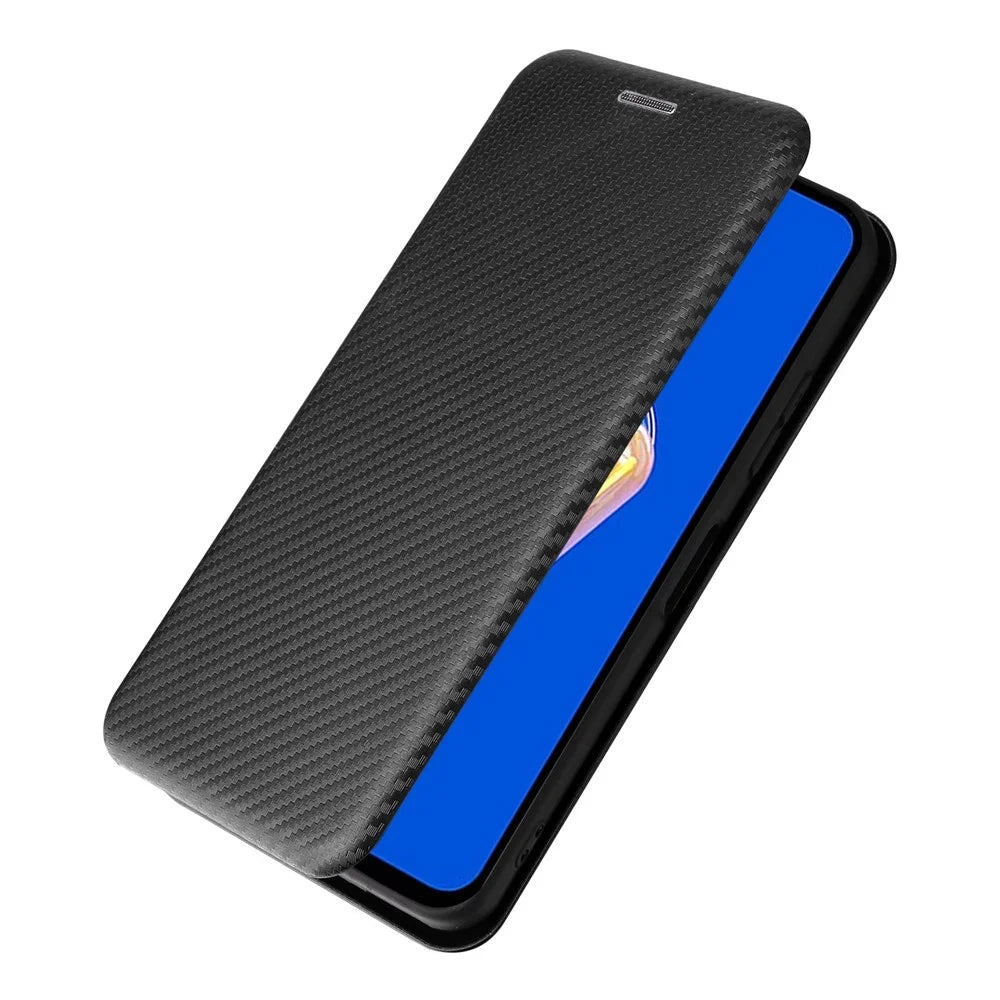 For Asus Zenfone 9 5G PU Leather Carbon Fiber Texture Phone Stand Case Card Slot Design Auto-absorbed Magnetic Protective Cover - Black - 4