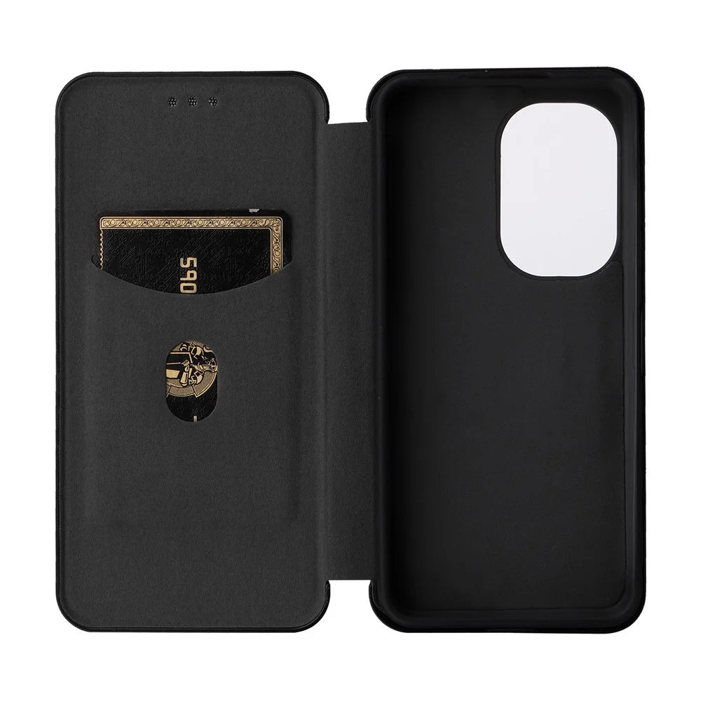For Asus Zenfone 9 5G PU Leather Carbon Fiber Texture Phone Stand Case Card Slot Design Auto-absorbed Magnetic Protective Cover - Black - 5