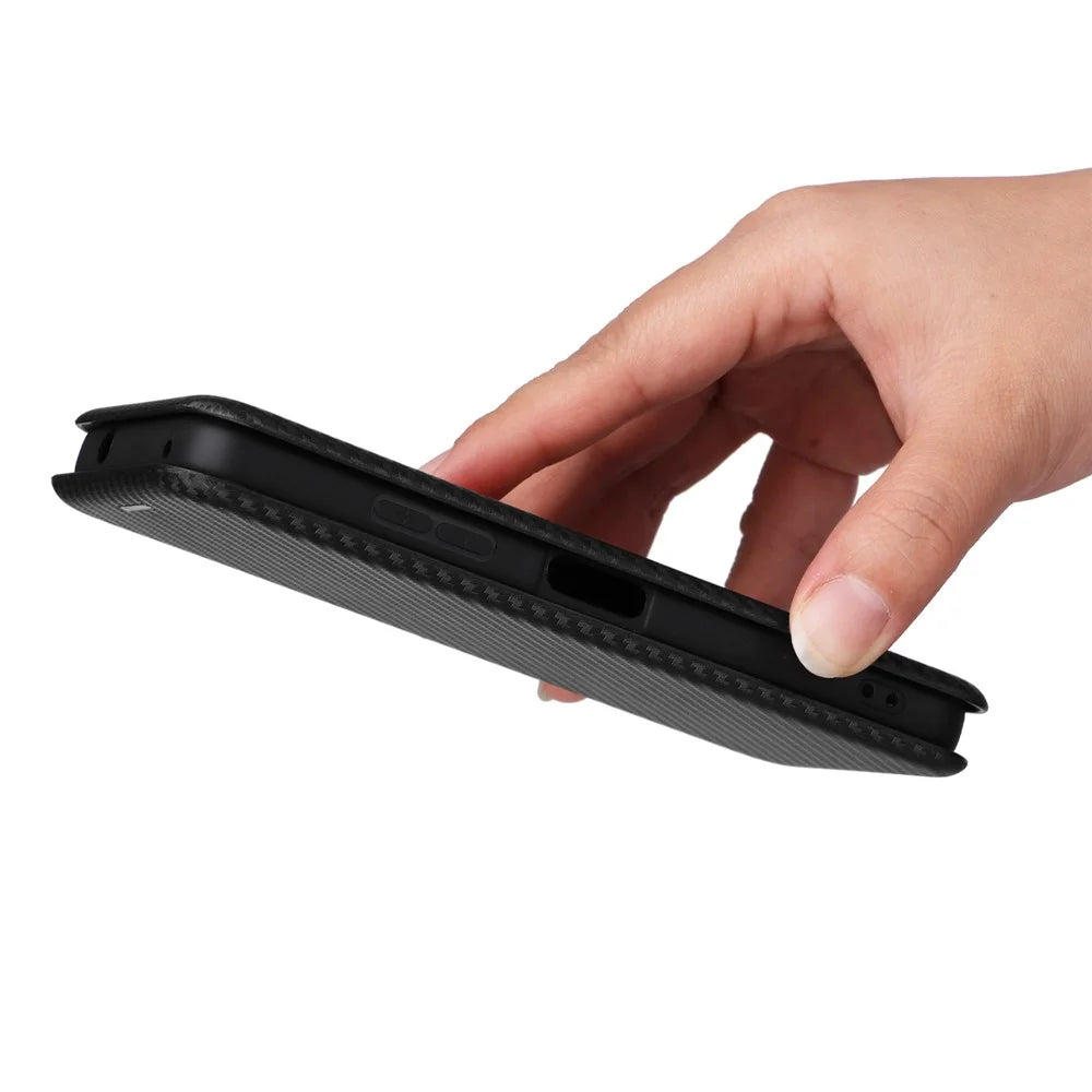 For Asus Zenfone 9 5G PU Leather Carbon Fiber Texture Phone Stand Case Card Slot Design Auto-absorbed Magnetic Protective Cover - Black - 6