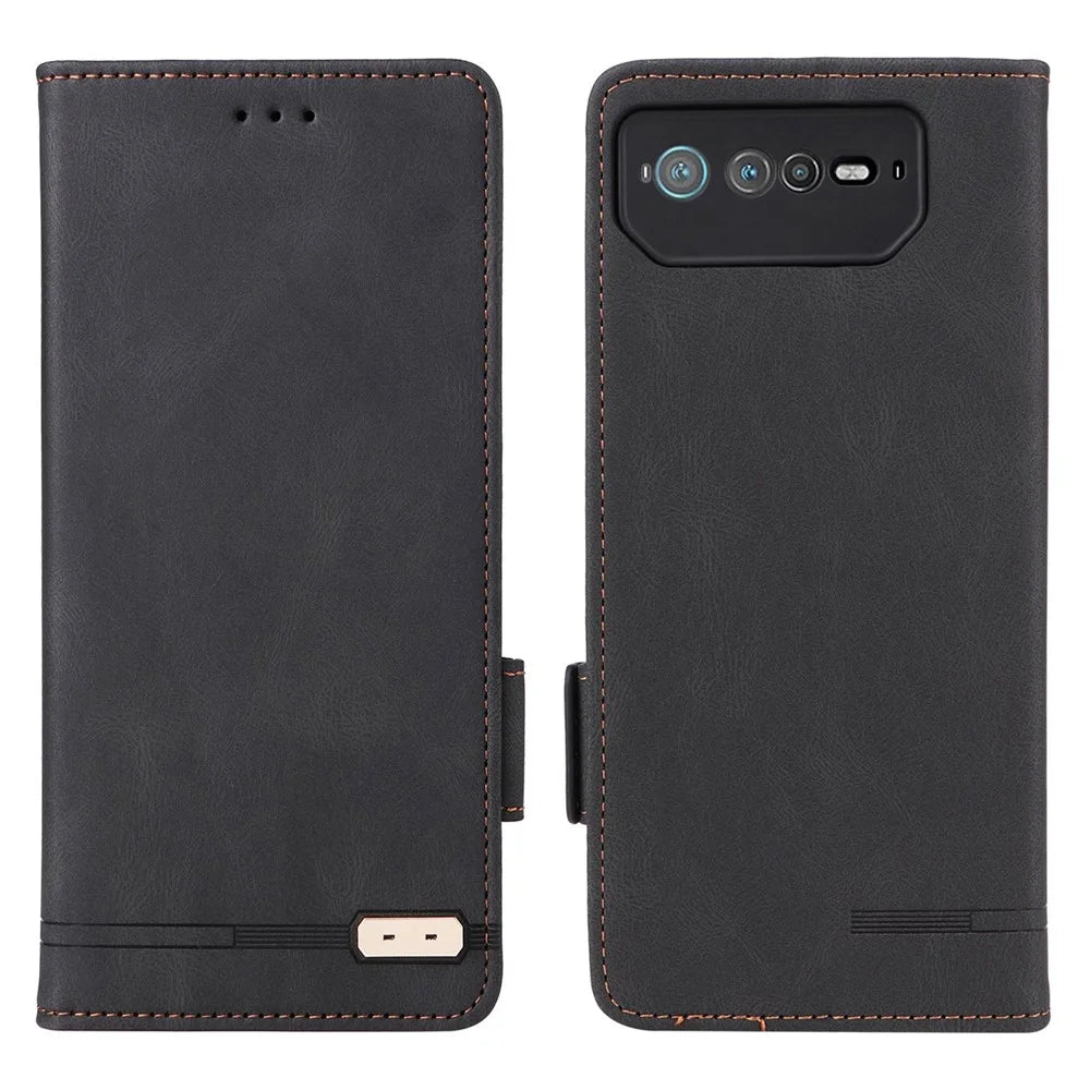 Hardware Decor Phone Case for Asus ROG Phone 6 5G, Dual Magnetic Clasp PU Leather Anti-drop Wallet Stand Shell - Black - 1