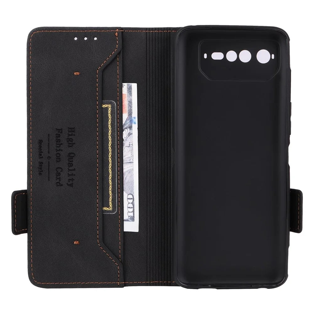 Hardware Decor Phone Case for Asus ROG Phone 6 5G, Dual Magnetic Clasp PU Leather Anti-drop Wallet Stand Shell - Black - 5