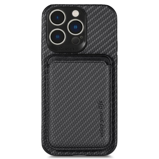 For iPhone 14 Pro 6.1 inch Anti-drop Carbon Fiber Texture Detachable Phone Case Magnetic Card Holder PU Leather + TPU Back Cover - Black - 1