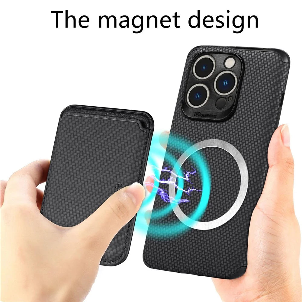 For iPhone 14 Pro 6.1 inch Anti-drop Carbon Fiber Texture Detachable Phone Case Magnetic Card Holder PU Leather + TPU Back Cover - Black - 2