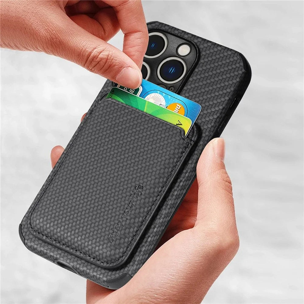 For iPhone 14 Pro 6.1 inch Anti-drop Carbon Fiber Texture Detachable Phone Case Magnetic Card Holder PU Leather + TPU Back Cover - Black - 4