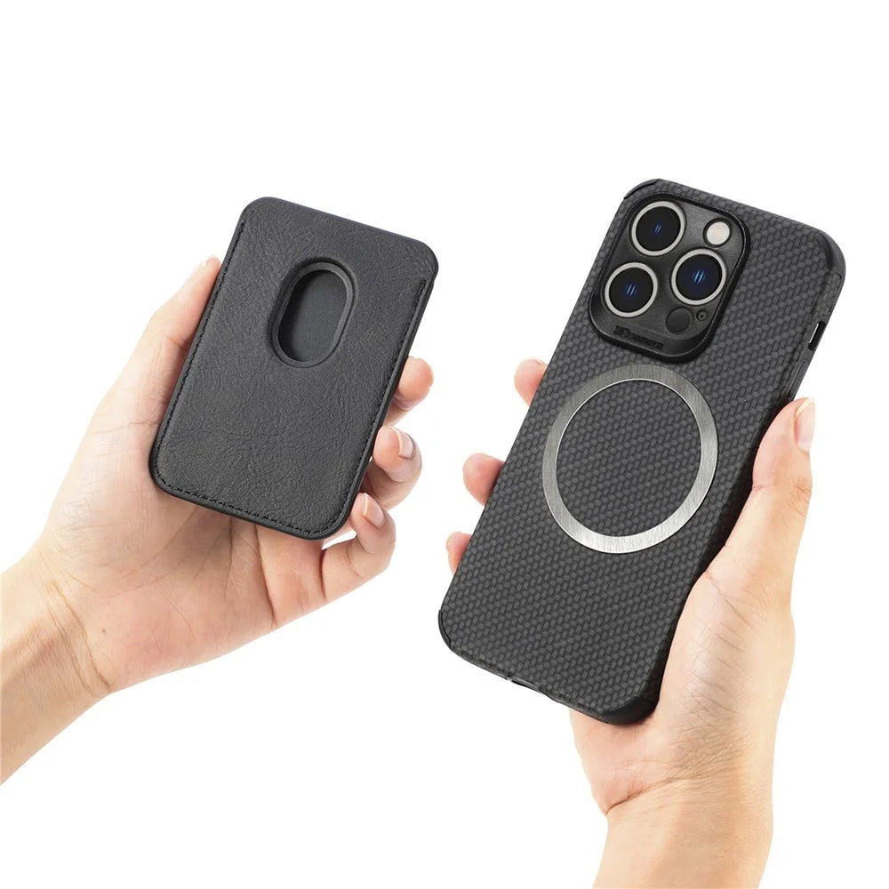 For iPhone 14 Pro 6.1 inch Anti-drop Carbon Fiber Texture Detachable Phone Case Magnetic Card Holder PU Leather + TPU Back Cover - Black - 5