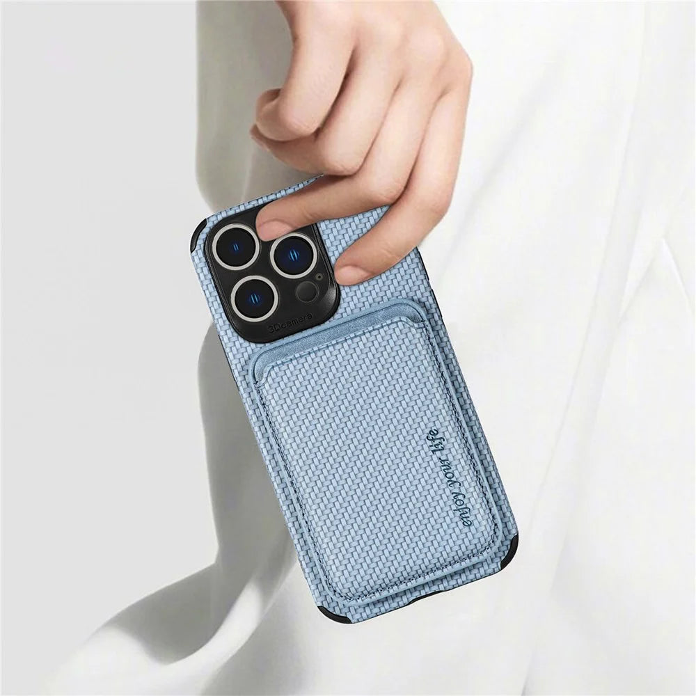 For iPhone 14 Pro 6.1 inch Anti-drop Carbon Fiber Texture Detachable Phone Case Magnetic Card Holder PU Leather + TPU Back Cover - Black - 6