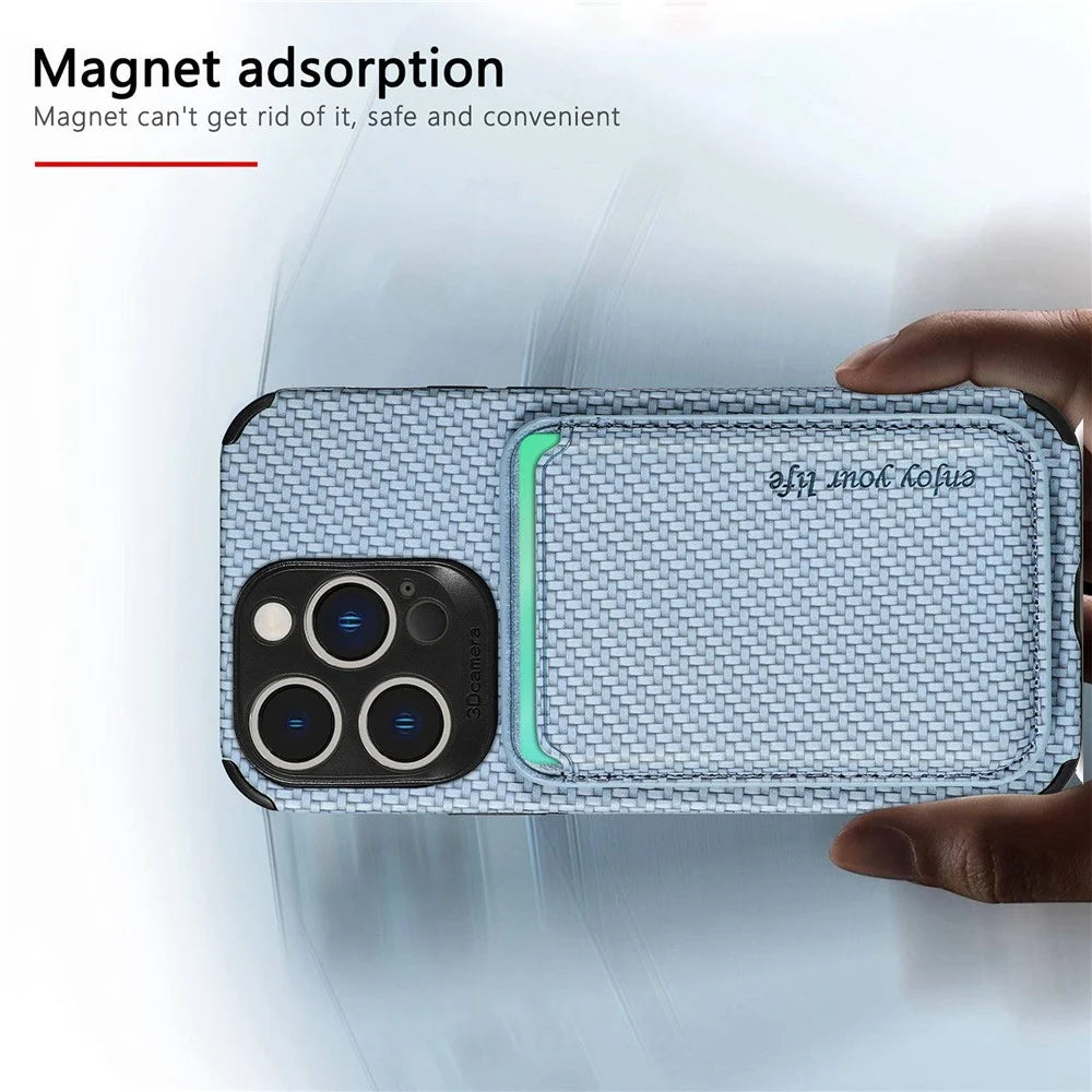 For iPhone 14 Pro 6.1 inch Anti-drop Carbon Fiber Texture Detachable Phone Case Magnetic Card Holder PU Leather + TPU Back Cover - Black - 7