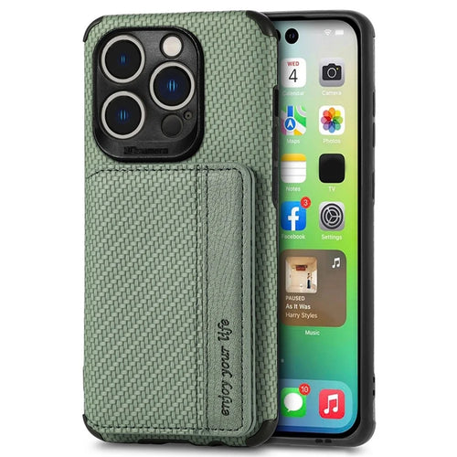 For iPhone 14 Pro Max 6.7 inch Carbon Fiber Texture RFID Blocking Wallet Design Phone Case Leather Coated TPU Anti-scratch Magnetic Cover with Kickstand - Green - 1