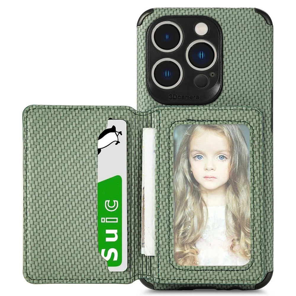 For iPhone 14 Pro Max 6.7 inch Carbon Fiber Texture RFID Blocking Wallet Design Phone Case Leather Coated TPU Anti-scratch Magnetic Cover with Kickstand - Green - 2
