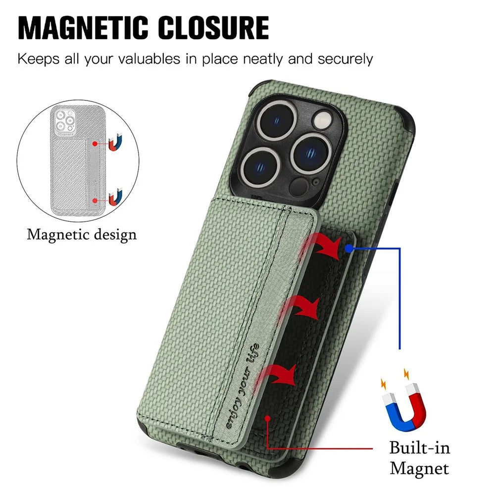 For iPhone 14 Pro Max 6.7 inch Carbon Fiber Texture RFID Blocking Wallet Design Phone Case Leather Coated TPU Anti-scratch Magnetic Cover with Kickstand - Green - 4