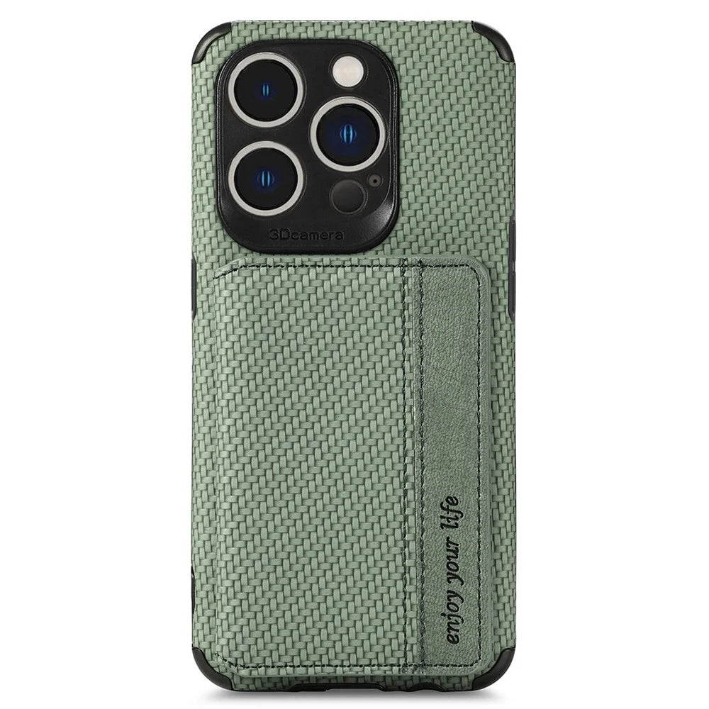 For iPhone 14 Pro Max 6.7 inch Carbon Fiber Texture RFID Blocking Wallet Design Phone Case Leather Coated TPU Anti-scratch Magnetic Cover with Kickstand - Green - 5