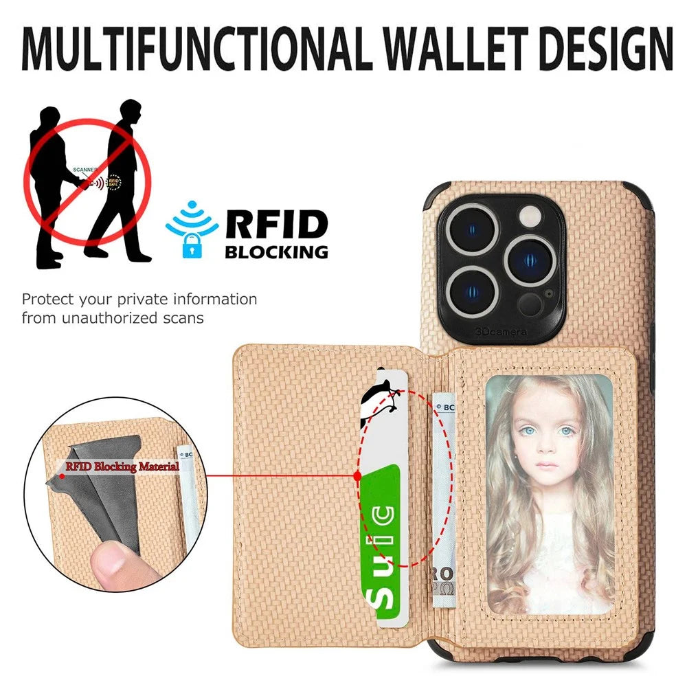 For iPhone 14 Pro Max 6.7 inch Carbon Fiber Texture RFID Blocking Wallet Design Phone Case Leather Coated TPU Anti-scratch Magnetic Cover with Kickstand - Green - 6