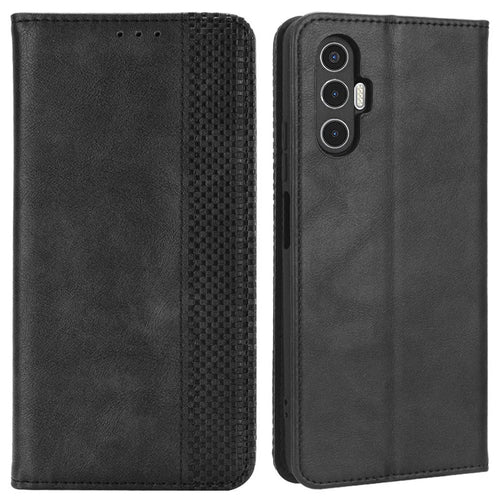 For TECNO Pova 3 4G Magnetic Auto Closing Retro Imprint Pattern Scratch Proof PU Leather Wallet Case Phone Stand Shell Cover - Black - 1