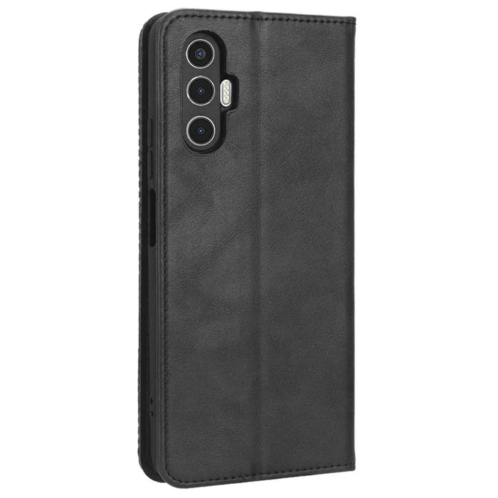 For TECNO Pova 3 4G Magnetic Auto Closing Retro Imprint Pattern Scratch Proof PU Leather Wallet Case Phone Stand Shell Cover - Black - 7