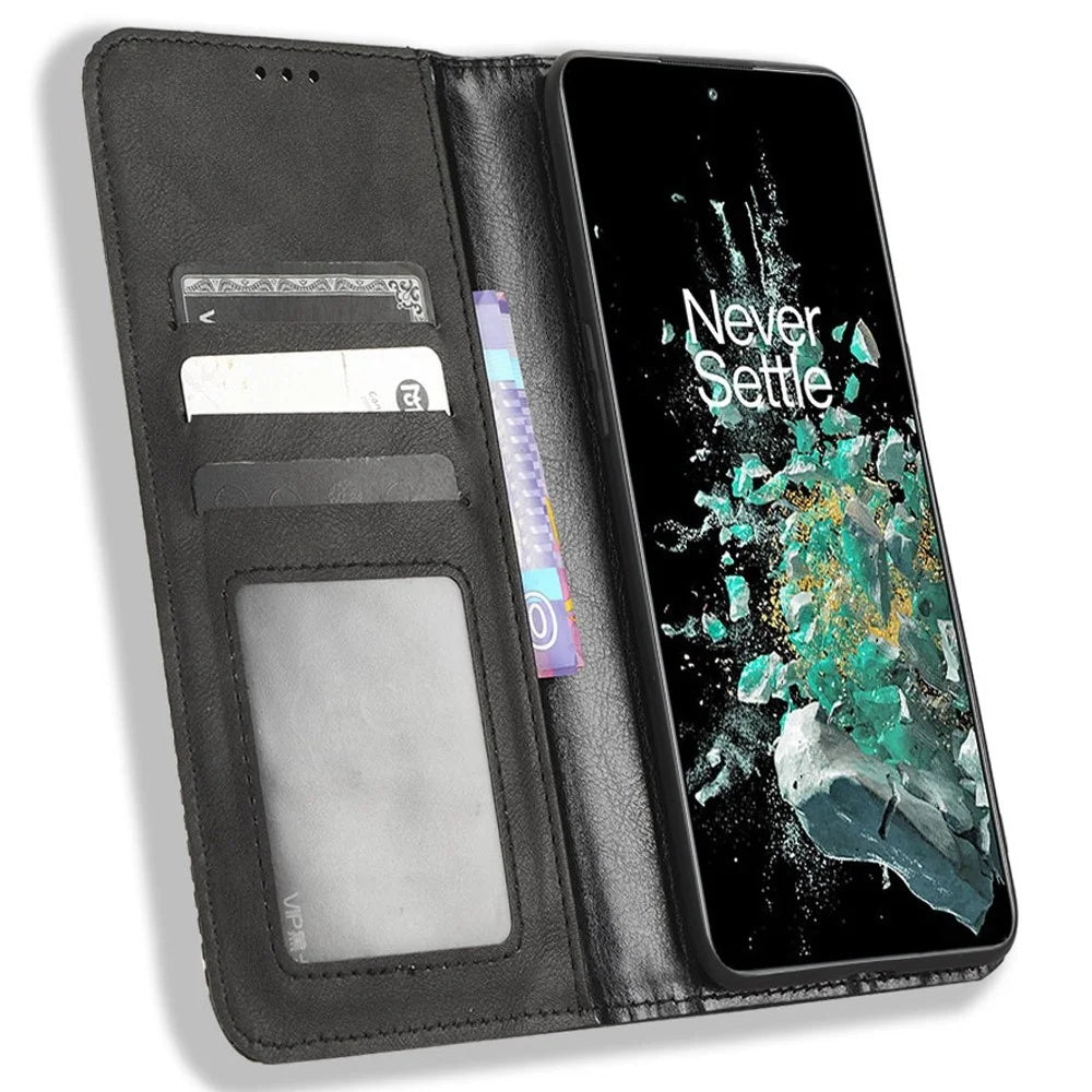 For OnePlus 10T 5G / Ace Pro 5G Magnetic Auto Closing Wallet Feature Case Retro Imprint Pattern PU Leather Stand Protective Shell - Black - 2