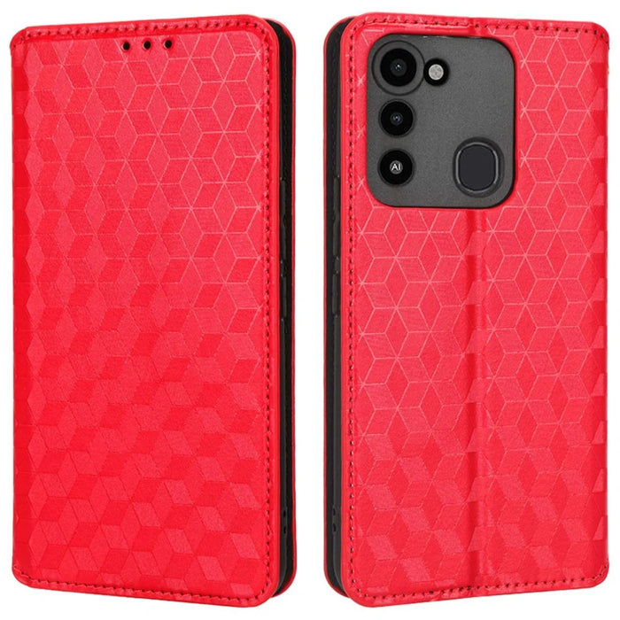 For TECNO Spark 8C 4G / Spark Go 2022 4G KG5 Case Imprinting Rhombus Pattern PU Leather Phone Stand  - Red - 1
