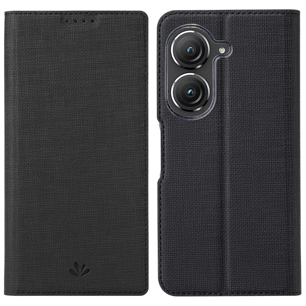 VILI DMX Series Phone Case for Asus Zenfone 9 5G, Full Protection PU Leather Phone Shell Stand Cover with Card Slot - Black - 1