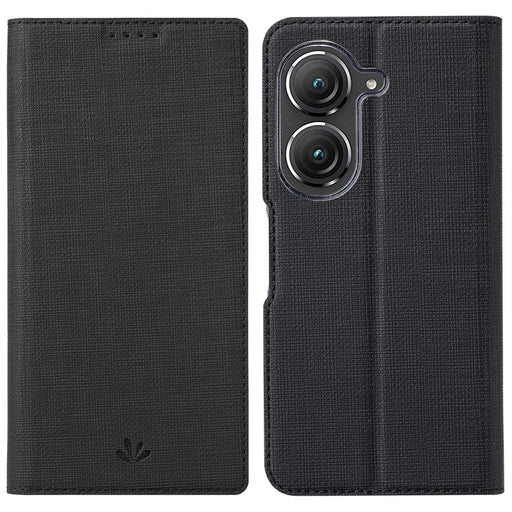 VILI DMX Series Phone Case for Asus Zenfone 9 5G, Full Protection PU Leather Phone Shell Stand Cover with Card Slot - Black - 1