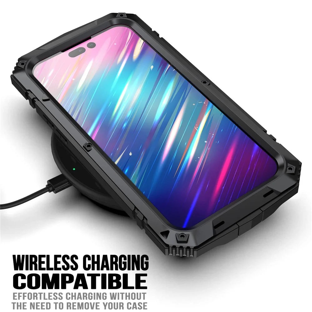 For iPhone 14 Pro Max 6.7 inch Dust-proof Splash-proof Anti-fall Phone Case Metal + Silicone + PC Kickstand Anti-wear Shell with Tempered Glass Film - Black - 3