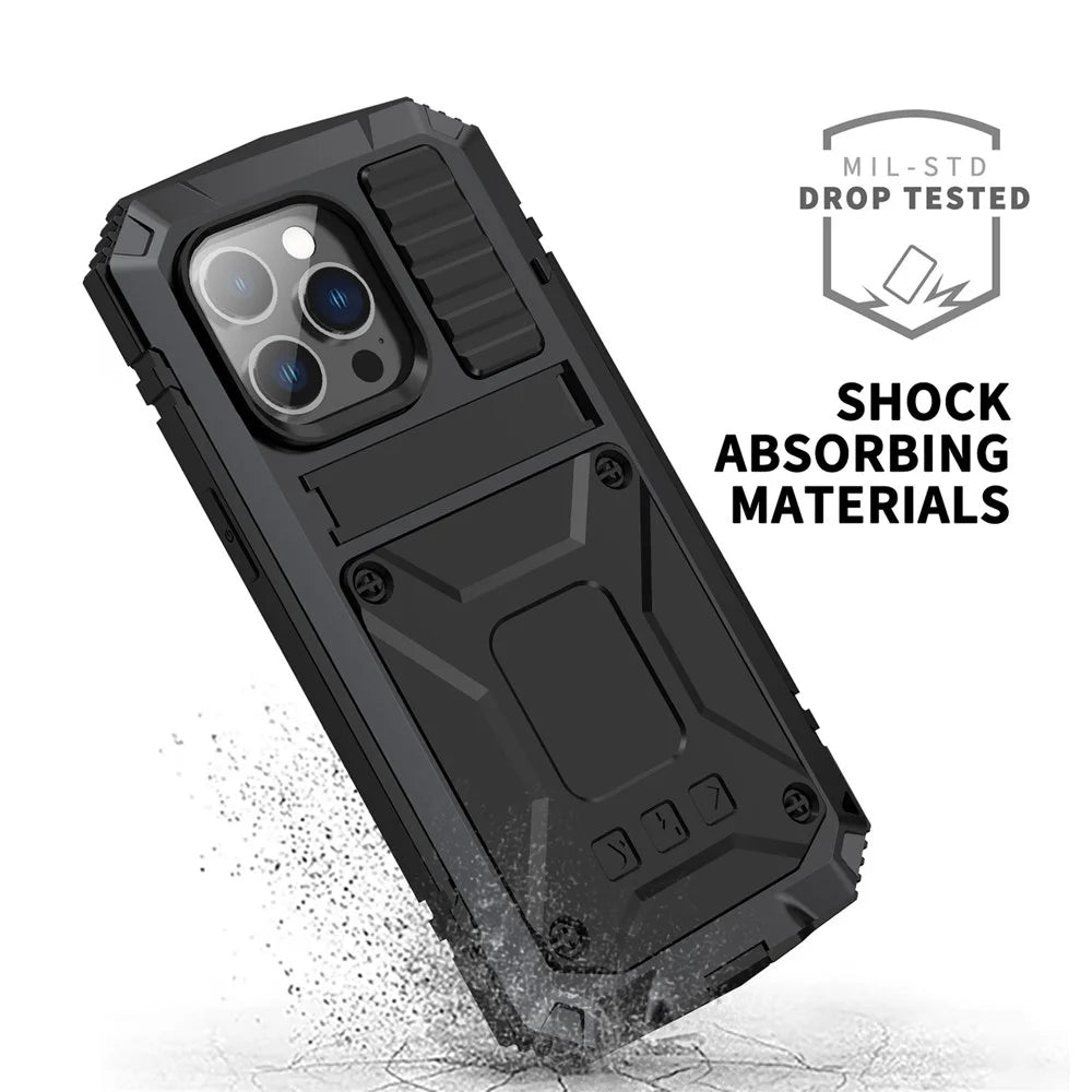 For iPhone 14 Pro Max 6.7 inch Dust-proof Splash-proof Anti-fall Phone Case Metal + Silicone + PC Kickstand Anti-wear Shell with Tempered Glass Film - Black - 4