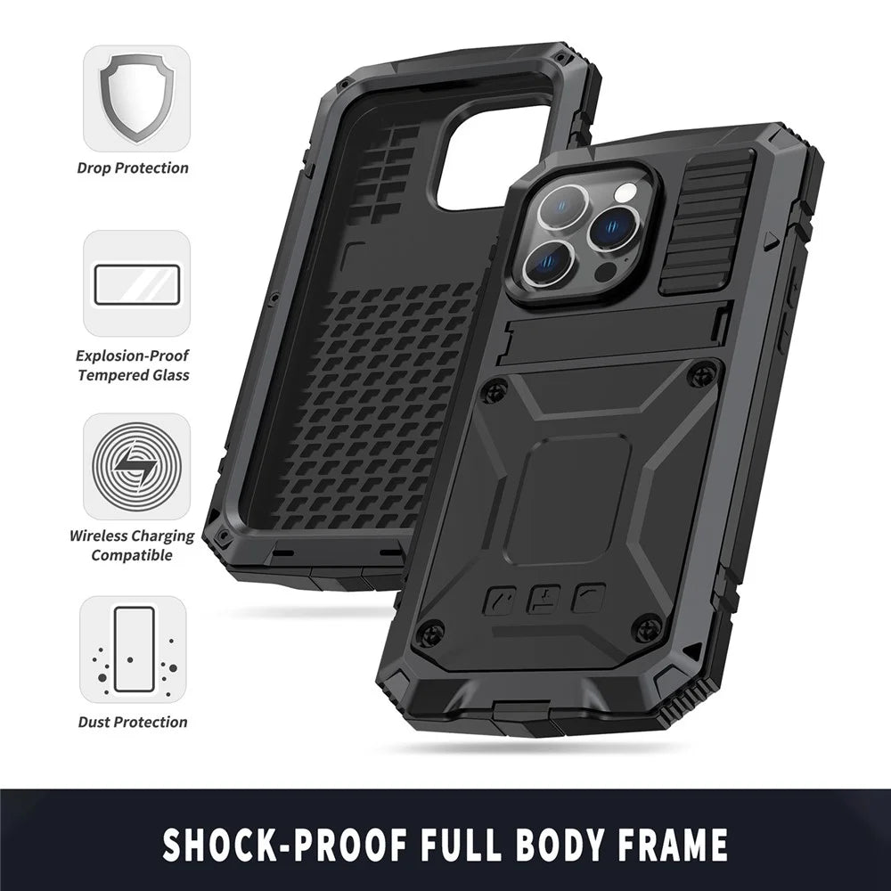 For iPhone 14 Pro Max 6.7 inch Dust-proof Splash-proof Anti-fall Phone Case Metal + Silicone + PC Kickstand Anti-wear Shell with Tempered Glass Film - Black - 6
