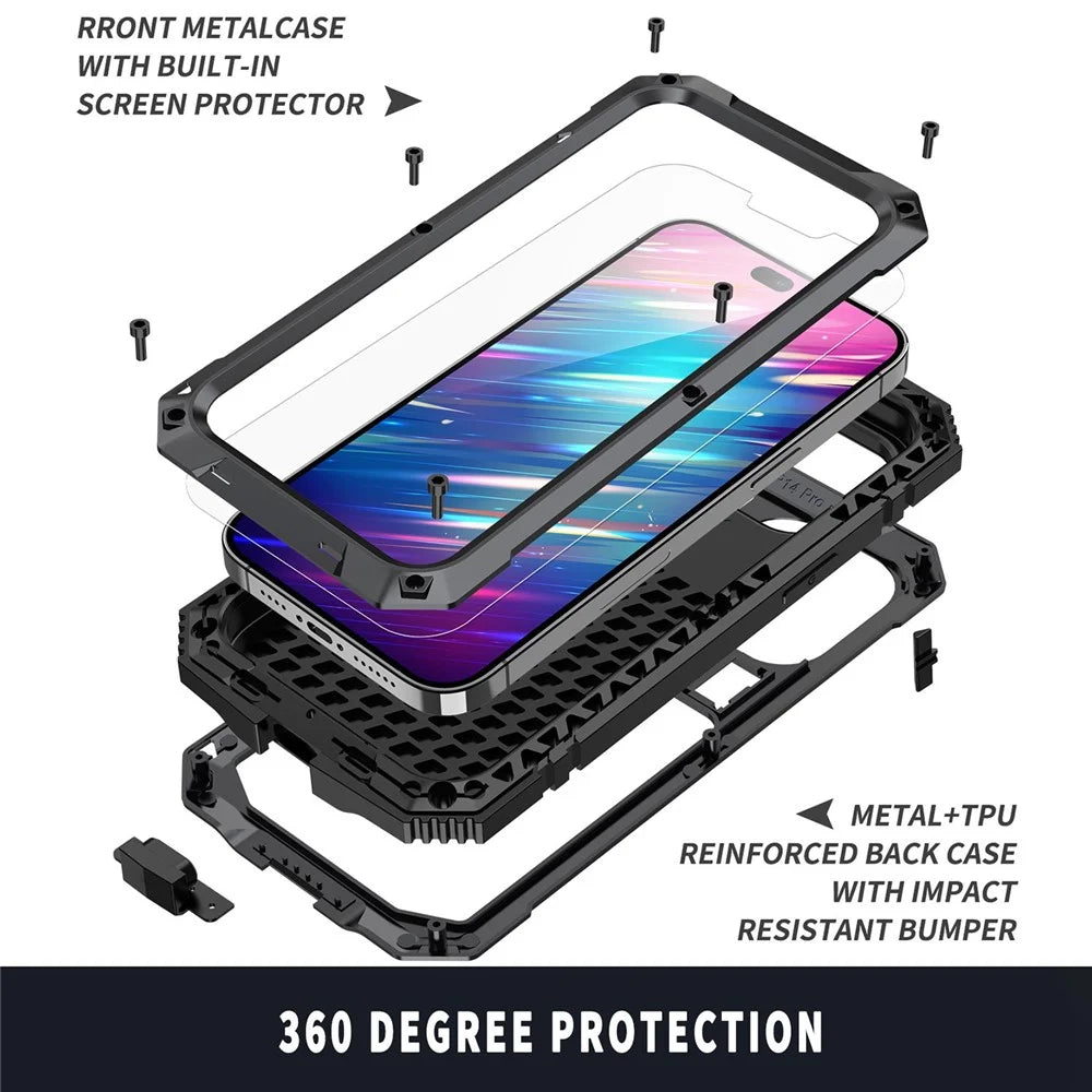 For iPhone 14 Pro Max 6.7 inch Dust-proof Splash-proof Anti-fall Phone Case Metal + Silicone + PC Kickstand Anti-wear Shell with Tempered Glass Film - Black - 7
