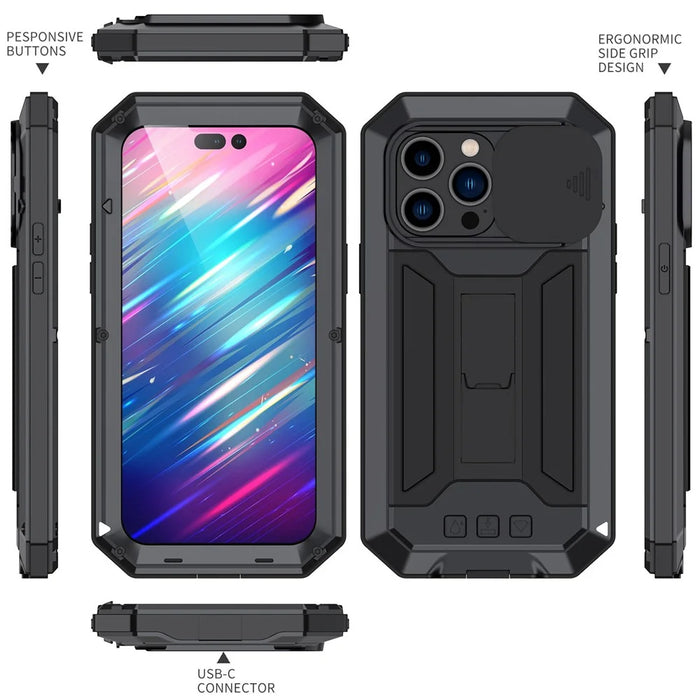 For iPhone 14 Pro Max 6.7 inch 2nd Generation Anti-scratch Phone Case Kickstand Sliding Camera Cover Phone Cover with Tempered Glass Screen Protector - Black - 7