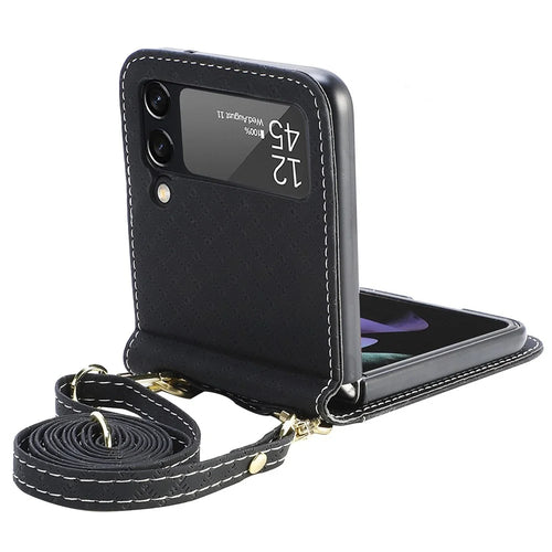 For Samsung Galaxy Z Flip3 5G Shockproof Phone Cover with One-piece Design Grid Imprinted Mobile Phone Case with Long Lanyard Card Holder - Black - 1
