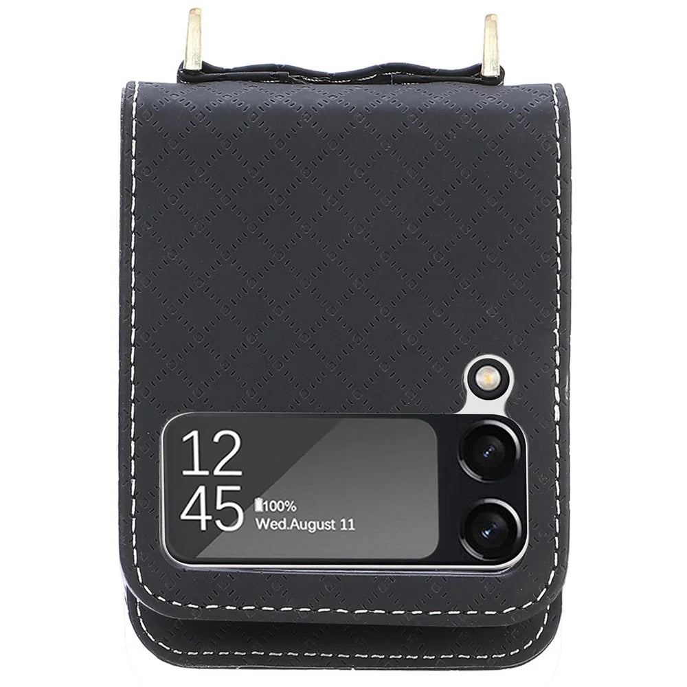 For Samsung Galaxy Z Flip3 5G Shockproof Phone Cover with One-piece Design Grid Imprinted Mobile Phone Case with Long Lanyard Card Holder - Black - 2
