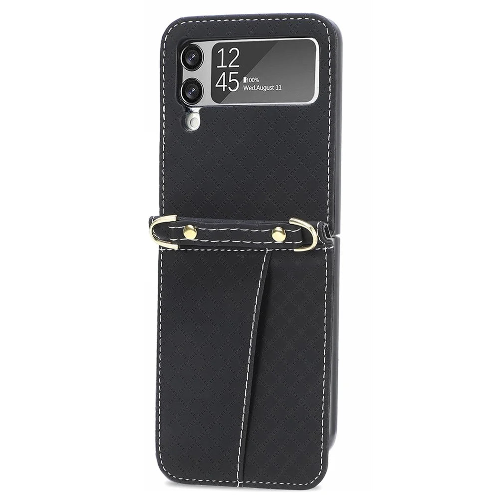 For Samsung Galaxy Z Flip3 5G Shockproof Phone Cover with One-piece Design Grid Imprinted Mobile Phone Case with Long Lanyard Card Holder - Black - 3
