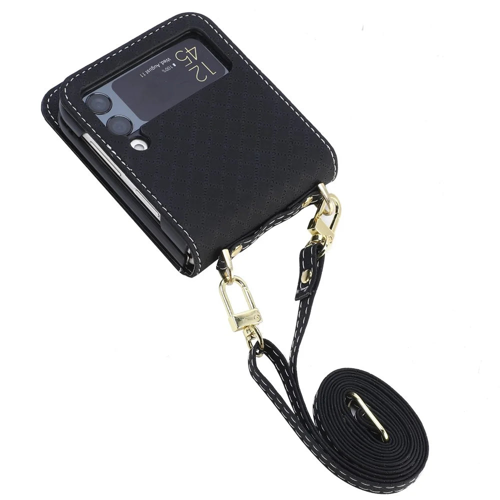 For Samsung Galaxy Z Flip3 5G Shockproof Phone Cover with One-piece Design Grid Imprinted Mobile Phone Case with Long Lanyard Card Holder - Black - 4