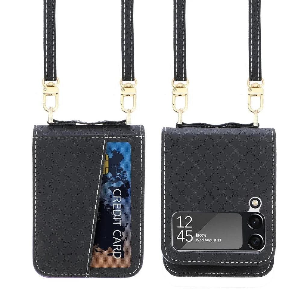For Samsung Galaxy Z Flip3 5G Shockproof Phone Cover with One-piece Design Grid Imprinted Mobile Phone Case with Long Lanyard Card Holder - Black - 6
