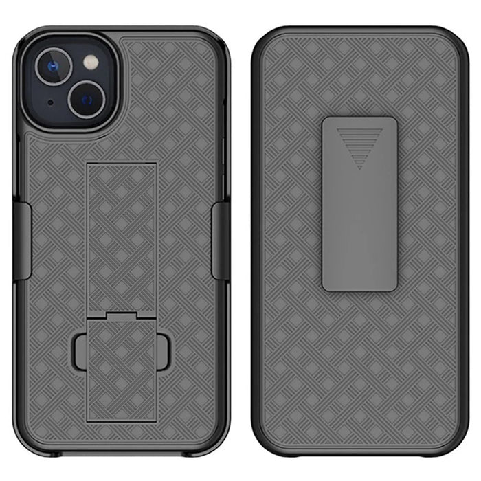 For iPhone 14 Plus Woven Texture Clip Kickstand PC + TPU Case Sliding Screen Cover Phone Protector - 1