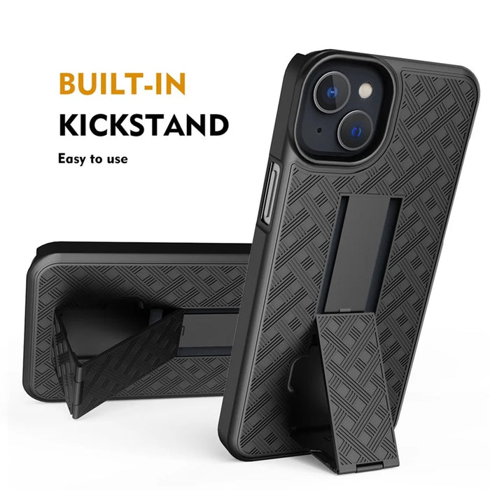 For iPhone 14 Plus Woven Texture Clip Kickstand PC + TPU Case Sliding Screen Cover Phone Protector - 2