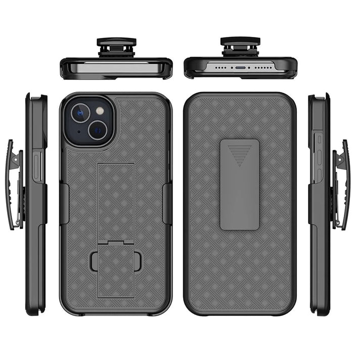 For iPhone 14 Plus Woven Texture Clip Kickstand PC + TPU Case Sliding Screen Cover Phone Protector - 7