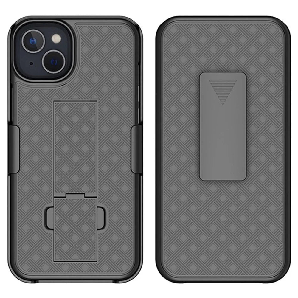 Rotary Clip Kickstand Case for iPhone 14 6.1 inch, Woven Texture PC + TPU Phone Protector with Screen Sliding Cover - 1