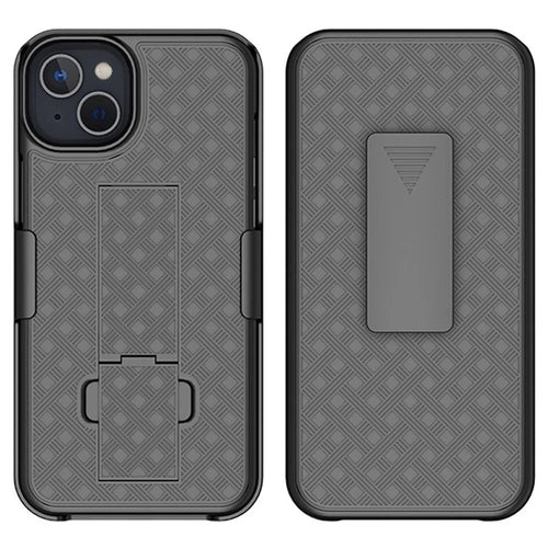 Rotary Clip Kickstand Case for iPhone 14 6.1 inch, Woven Texture PC + TPU Phone Protector with Screen Sliding Cover - 1