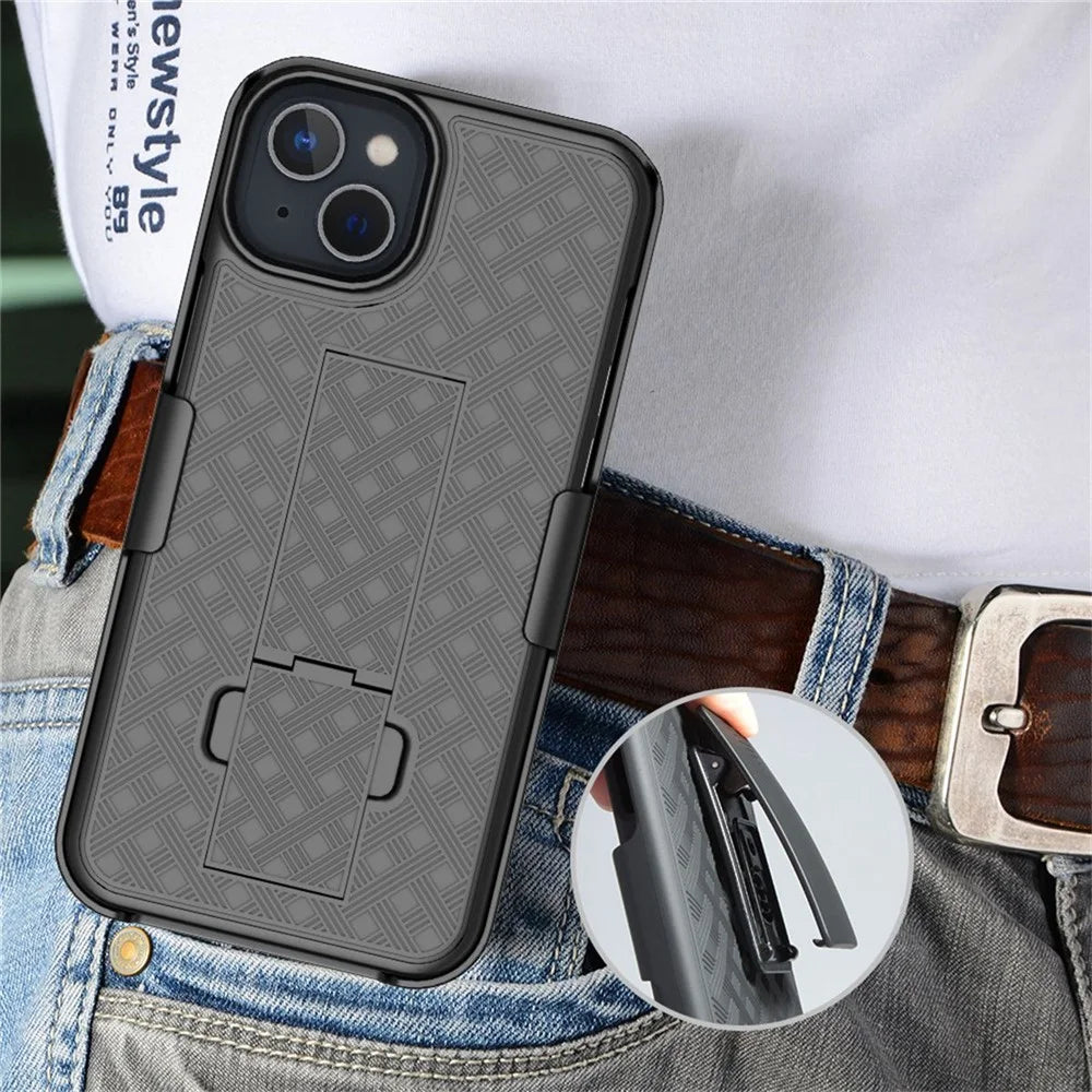 Rotary Clip Kickstand Case for iPhone 14 6.1 inch, Woven Texture PC + TPU Phone Protector with Screen Sliding Cover - 6