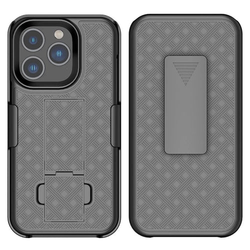 For iPhone 14 Pro Max 6.7 inch Sliding Screen Cover Rotary Clip Kickstand Case Woven Texture PC + TPU Phone Protector - 1